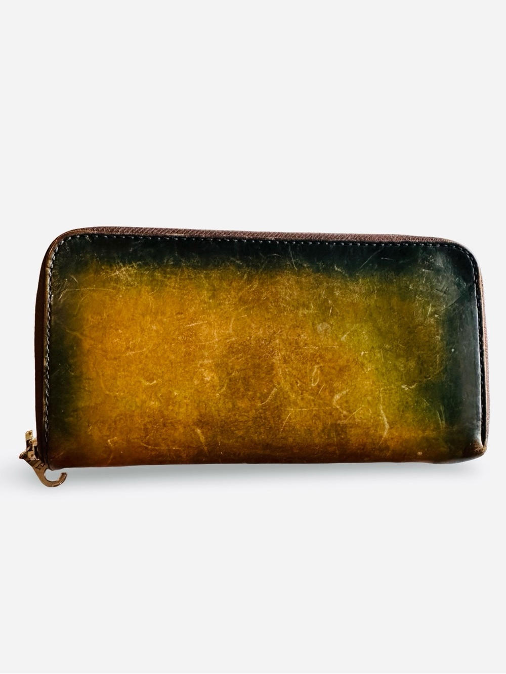 Japan Ombre Brown and Olive Zip genuine cowhide leather natural patina Wallet
